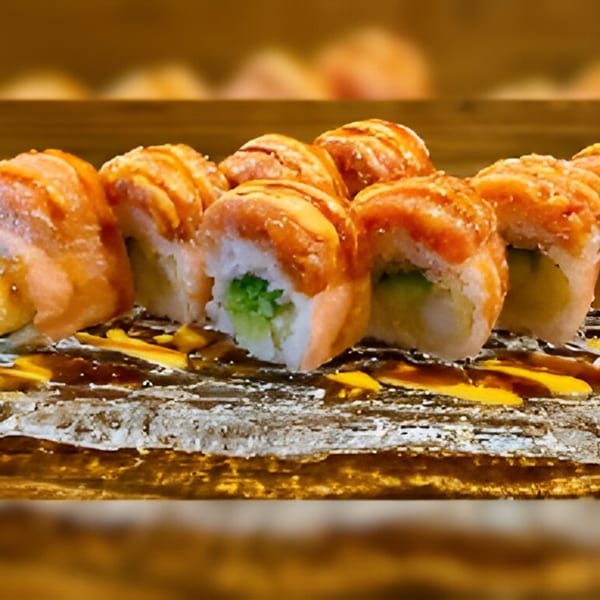 Kiwami Ramen Sushi's salmon sushi rolls with green filling and sauce on a dark platter.