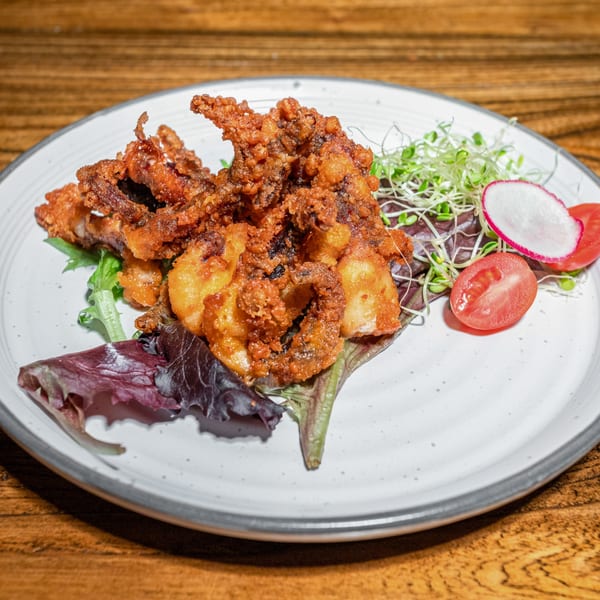 Crispy fried calamari with fresh greens, radish, and tomato slices on a white plate.
