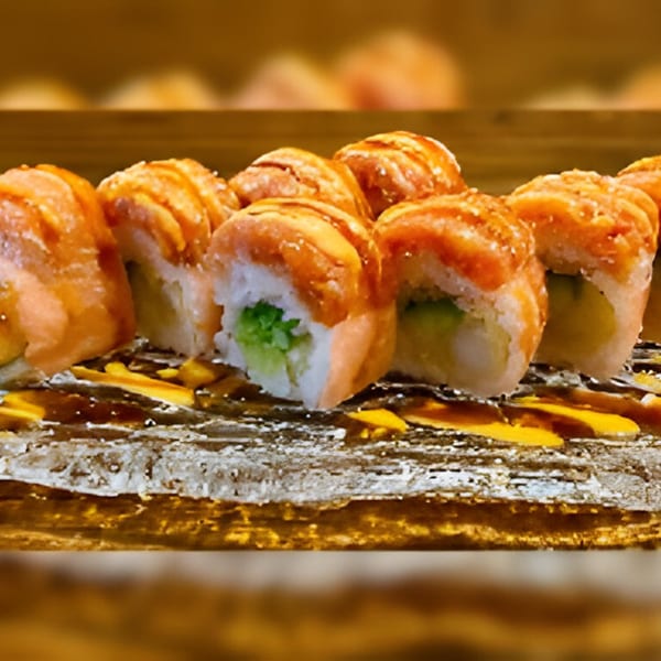 Close-up of Kiwami Ramen Sushi's salmon-topped sushi rolls with green filling, drizzled with sauce.