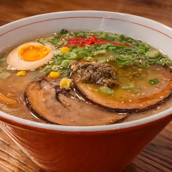 Kiwami Ramen with pork, egg, corn, and green onions in a red bowl on a wooden table.