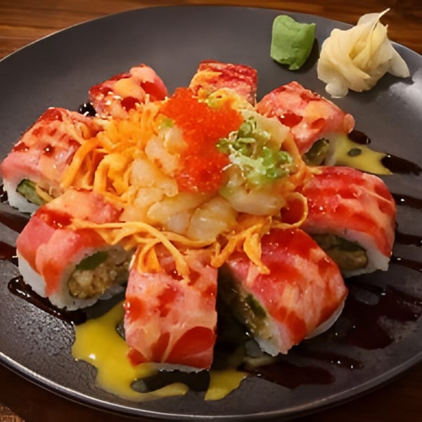 Kiwami Ramen Sushi's vibrant sushi rolls with red fish, shrimp, roe, and sauces on a dark plate.